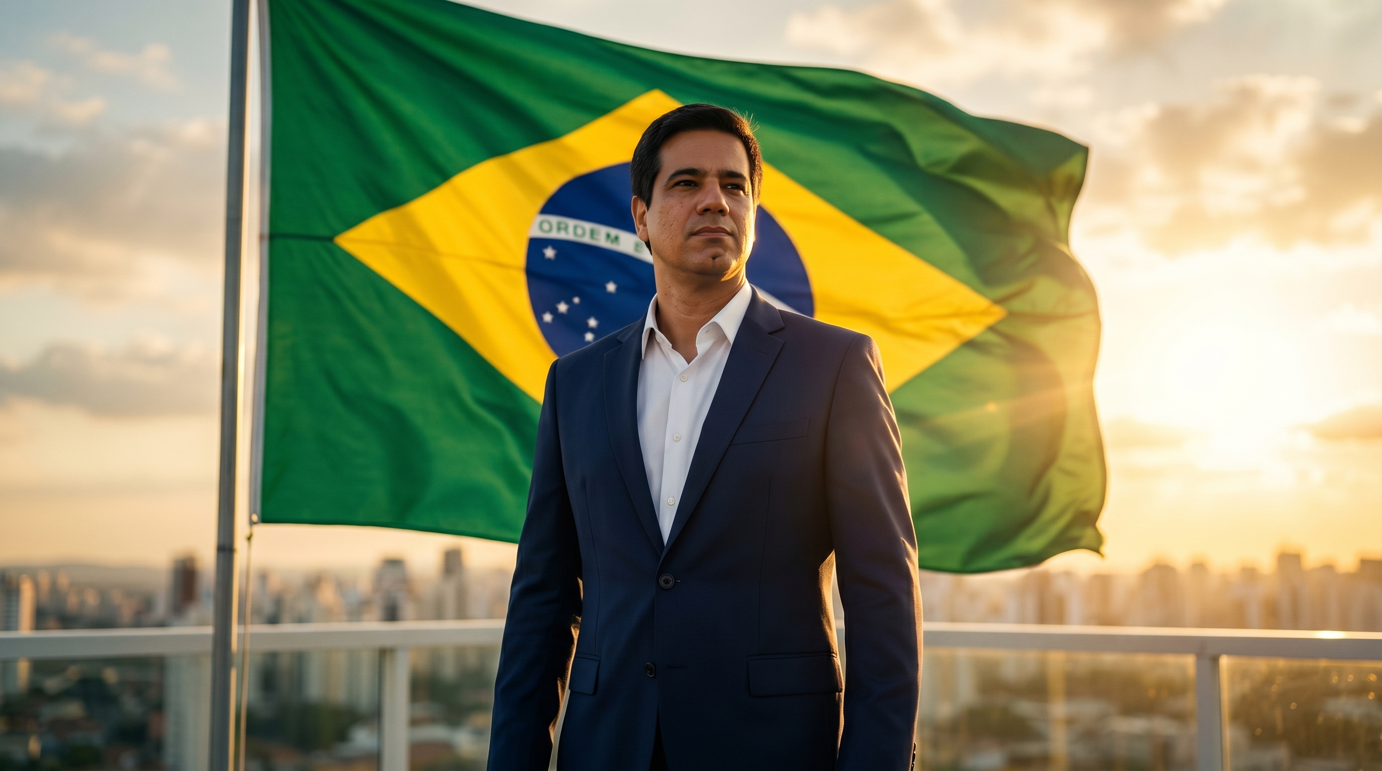 Rodrigo Baltar em pose política diante da bandeira do Brasil